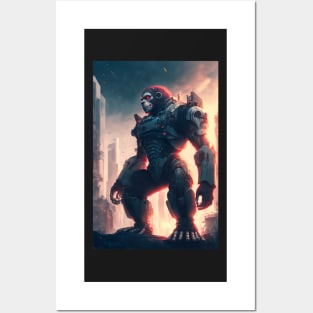 Giant futuristic robot cyborg Monkey attacking the city Posters and Art